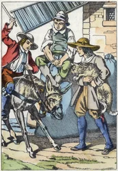 De kinderen van de overleden molenaar verdelen zijn eigendommen: ezel, molen en kat. Illustratie van het sprookje 