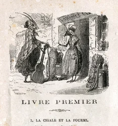 De krekel en de mier. Fabel van La Fontaine. Gravure uit de 19e eeuw.