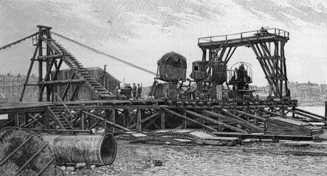 De bouw van de Mirabeau-brug in Parijs (1893): de dienstbrug (van een foto). Gravure in 