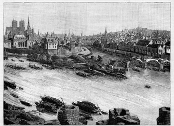 De bouw van de Pont Neuf in Parijs die door het Square du Vert-Galant aan het einde van het Ile de la Cité loopt. De eerste werken in 1578. Gravure in "Le Monde illustré"