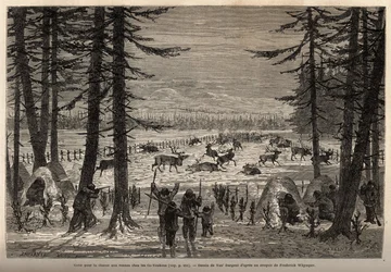 Het koraal voor rendierjacht in de Co-Yukon (co-Yukon of co-Youkouk) (Indiaanse stam van het uiterste noorden van Canada). Gravure ter illustratie van de reis en avonturen in Engels Colombia, Vancouver Island en Alaska, door Frederick Whymper