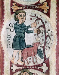 De cyclus van de maanden: oktober: de eikelverzameling (detail)