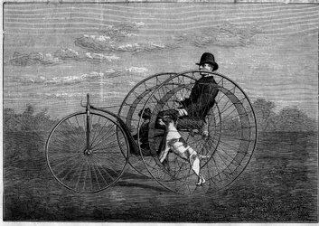 De cynofere: velocipede aangedreven door honden. Uitvinding van het einde van de 19e eeuw. Gravure in "Het Illustere Universum" van 6 mei 1876