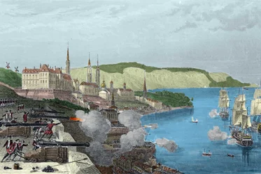 De verdediging van Quebec door graaf Louis de Buade, graaf van Frontenac (1622-1698) op 16/10/1690. Gekleurde gravure in 