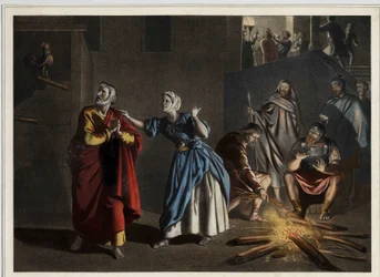 De verloochening van St. Peter: zoals Christus had voorspeld, verloochent St. Peter Christus drie keer terwijl de haan de dag aankondigt. Anonieme gravure uit het midden van de 19e eeuw.