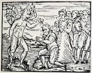 De duivel die mannen en vrouwen in gebed doopt - gravure