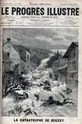 De ramp van Bouzey (Vosges), de dam van het reservoir van Epinal brak, waardoor 7 miljoen kubieke meter water vrijkwam - Gravure in 