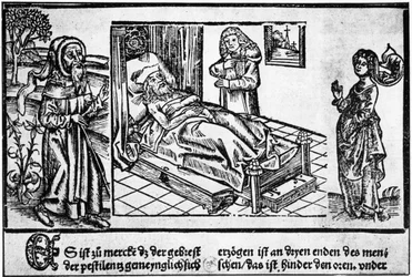 De dokter in bed van de pestlijder, houtsnede uit de "Liber pestilentialis" door Jérôme Brunschwig, Straatsburg