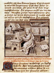 De geestelijke, kopiist en vertaler Jean Mielot (overleden 1472) werkt in zijn kantoor Pagina van een 15e-eeuws manuscript