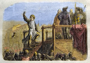 De executie van Conradin (of Conrad van Hohenstaufen) Koning van Sicilië en Hertog van Zwaben (1252-1268) op bevel van Karel van Anjou na de slag bij Tagliacozzo in 1268