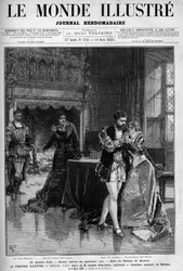 Het laatste kwartet, het tweede schilderij van het vierde bedrijf dat plaatsvindt in de kamer van het kasteel van Kimbolt. Scène uit de opera Henry VIII door Camille Saint Saens, opgevoerd in de nationale muziekacademie op 5 maart.