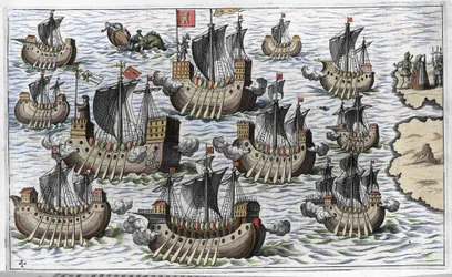 De vloot van Christopher Columbus (Cristoforo Colombo) om de nieuwe wereld te veroveren - in 