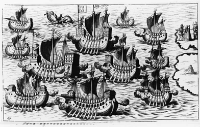 De vloot van Christoffel Columbus om de nieuwe wereld te veroveren - in Nova Tipus Transacto Navigatio Novi Orbi door Philoponus Honorius