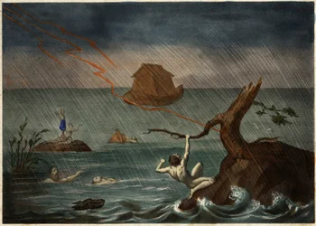 De zondvloed met de ark van Noach in de verte. Anonieme gravure uit het midden van de 19e eeuw