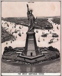 Het grote Bartholdi-standbeeld in New York, VS in 