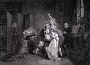 Het laatste gesprek van Lodewijk XVI met zijn familie (Marie Antoinette en Lodewijk XVII). Gravure uit de 19e eeuw