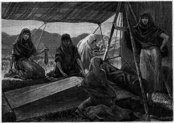 De vervaardiging van tapijten door nomadische vrouwen van Perzië. Gravure in het tijdschrift "La jeunesse"