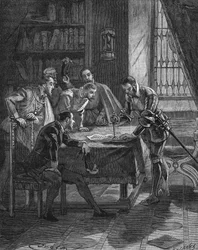 De maarschalk van Vieilleville plant zijn dolk in een patent waarmee de koning van Frankrijk Hendrik II (1519-1559) hem en de vijf heren in de kamer het recht gaf op de confiscatie van alle woekeraars en lutheranen van Guienne, Limousin, Quercy en S