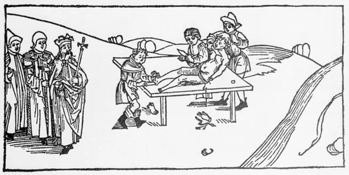 Het martelaarschap van Sint Jacobus de Meerdere opgelegd door Herodes Agrippa, koning van Judea. Gravure uit 