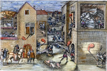 Het bloedbad van Sint-Bartholomeüs (1572). Gravure uit de 17e eeuw.