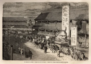 De matsouri (kermis, processie) van Miodjin, tempel van Yedo (of Edo, het huidige Tokio), een grote tweejaarlijkse processie, met de presentatie van grote historische figuren en de uitnodiging door priesters van vele courtisanes in draagstoel, in de stoet;