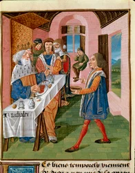 De maaltijd van de koning van Sicilië, Agathocles. Miniatuur uit ‘Het boek der goede zeden’ van Jacques Legrand (1360-1415/1418), opgedragen aan Jan, hertog van Berry