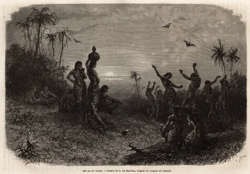 Het maanlichtbal, dat de 18-jarige jubileumceremonie en het huwelijk van een jonge Indiaan uit Rio Verde (Brazilië) afsluit. Gravure ter illustratie van de reis naar Nieuw-Granada, door Dr. Saffray, in 1869, gepubliceerd in 