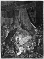 De moord op tsaar Paul I van Rusland, maart 1801 - Illustratie 1882-1884 - De moordaanslag op Paul I Petrovitsj (1754-1801), Russische tsaar, in zijn kamer in het Sint-Michielspaleis nadat hij gedwongen was zijn troonsafstand te ondertekenen - Illustratie
