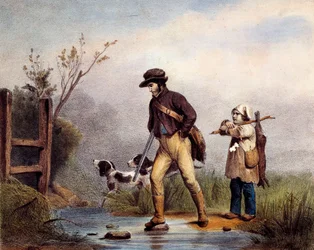 De doorgang heeft jagers die een waterloop te voet oversteken. Lithografie van de 19e eeuw Gien, jachtmuseum