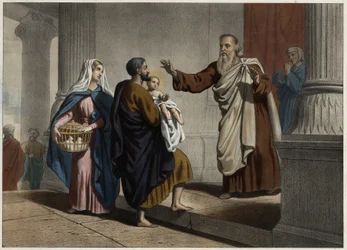 De presentatie van Christus in de tempel. Anonieme gravure uit het midden van de 19e eeuw.