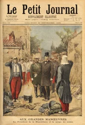 De president van de republiek, Felix Faure (1841-1899), bezoekt de troepen in Langres tijdens de grote manoeuvres en traditie voor alle bezoekers, hij proeft de soep van de soldaat. Gravure in 