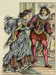 De prins nodigt Assepoester uit om te dansen. Illustratie van Charles Perraults verhaal 