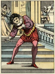De prins raapt het glazen muiltje van Assepoester op (illustratie van het sprookje 