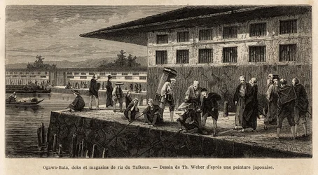 De kade en pakhuizen van rijstwinkels in Taikoun (tijdelijke soeverein van Japan), aan de Ogawa-rivier (die Edo, het huidige Tokio, doorkruist). Gravure ter illustratie van de reis naar Japan, door Aime Humbert, minister van de Zwitserse Confederatie, in 1