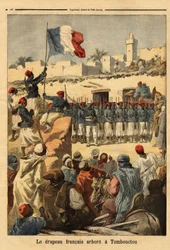Het hijsen van de Franse vlag in Timboektoe door luitenant-kolonel Francois Xavier Bonnier