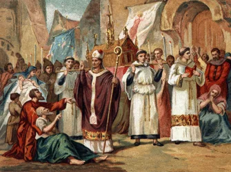 De relieken van Sainte Genevieve (422-502), beschermheilige van Parijs, worden door de straten van Parijs vervoerd. Chromolithografie rond 1890