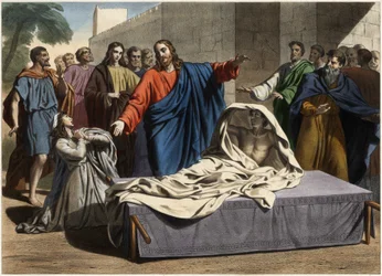 De opstanding van de zoon van de weduwe van Naim: Jezus Christus wekt de enige zoon van de weduwe op. Gravure uit het midden van de 19e eeuw.
