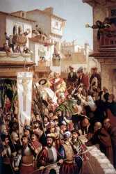 De terugkeer van Christoffel Columbus (1451-1506), navigator van Italiaanse afkomst, naar Spanje in 1493