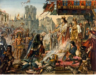 De terugkeer van Christoffel Columbus naar Spanje voor Koning Ferdinand II van Aragon en Isabella I van Castilië (de Katholieke) na de ontdekking van Amerika. Gravure van de 19e eeuw.