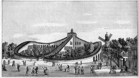 De achtbaan van de Beaujon-tuin in Parijs in 1821. In “Nature. Review of sciences and their applications to the arts and industry.” 1888