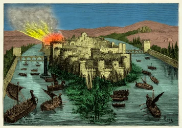 Het beleg van Parijs in 845 door de Vikingen met Ragnar Lodbrok aan hun hoofd