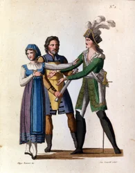 De zangers Savino Monelli (Bertrando), Teresa Bellog (Isabella) en Filippo Galli (Tarabotto) in de opera semi-seria 