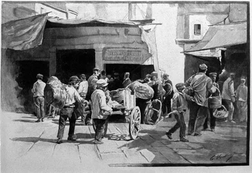 De straatverkopers en de wandeling van de wijk Vuccirla in Palermo, Sicilië. Gravure uit de 19e eeuw