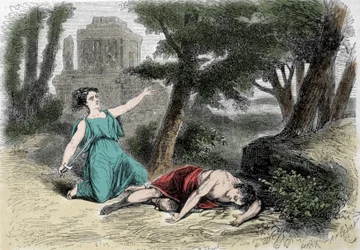 De zelfmoord van Pyramus (Pirame) onder de moerbeiboom en de dood van Thisbe. Overtuigd dat de leeuwin Thisbe had verslonden, pleegde Pyramus zelfmoord en bedekte de witte moerbeien met zijn bloed. Thisbe, die zich verstopte om aan de leeuw te ontsnappen, 