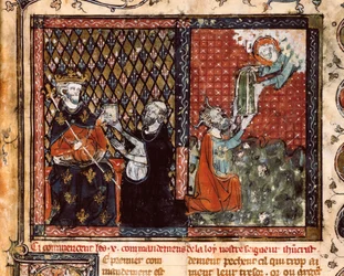 De vertaler monnik presenteert zijn boek aan koning Filips III van Frankrijk genaamd de Stoute (1270-1285). Miniatuur uit De Christelijke Leer, door St. Augustinus (?)