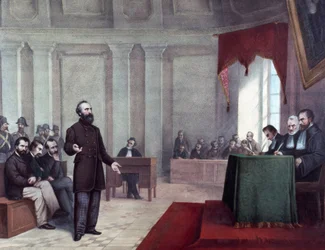 Het proces van Felice Orsini die de aanslag op Napoleon III pleegde op 14 januari 1858. Lithografie uit het einde van de 19e eeuw. Milaan, privécollectie