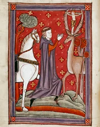 De visie van Sint Eustatius. Sint Eustachius tegenover een hert met een afbeelding van Christus gekruisigd tussen zijn gewei. Miniatuur uit een 13e-eeuws manuscript