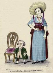 De horlogemaker Wylbrand Lolkes met zijn vrouw. 19e-eeuwse gravure.