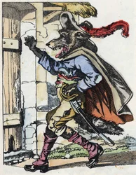 De wolf klopt op de deur van het huis van de biquet (illustratie van het sprookje 