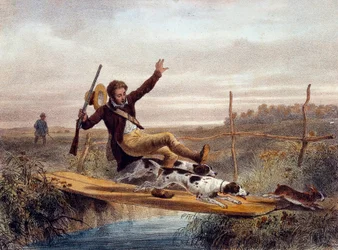 De verkeerde stap. Een jager valt van een kleine brug, geduwd door honden die een haas achtervolgen. Gravure uit de 19e eeuw. Gien, Jachtmuseum